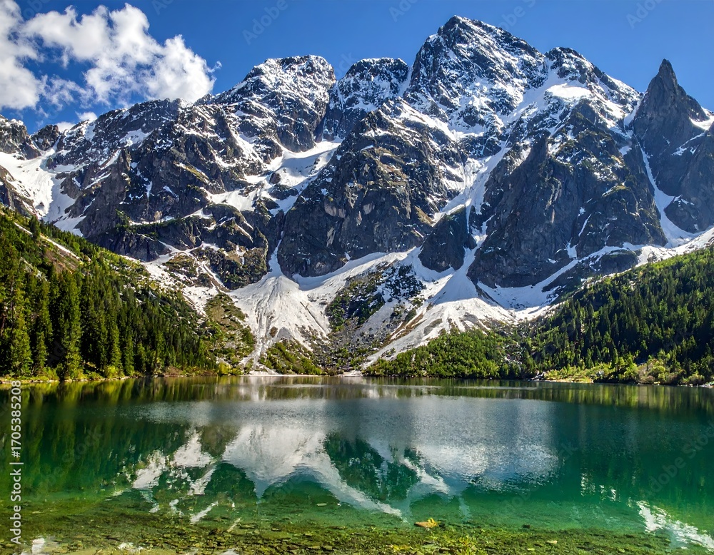 Fototapeta premium A breathtaking panoramic view of majestic snow-covered mountains reflecting in the crystal clear water of a tranquil alpine lake