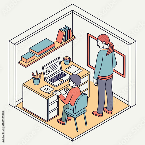 Vector art of isometric illustration of a child studying at a desk with a laptop, while a parent supervises