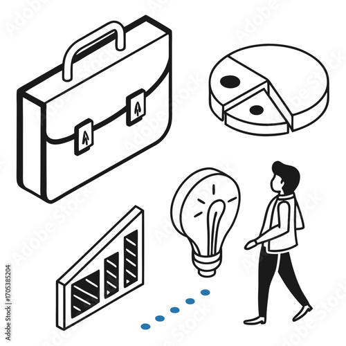 Vector art of isometric business and finance icons representing briefcase, pie chart, bar chart, light bulb