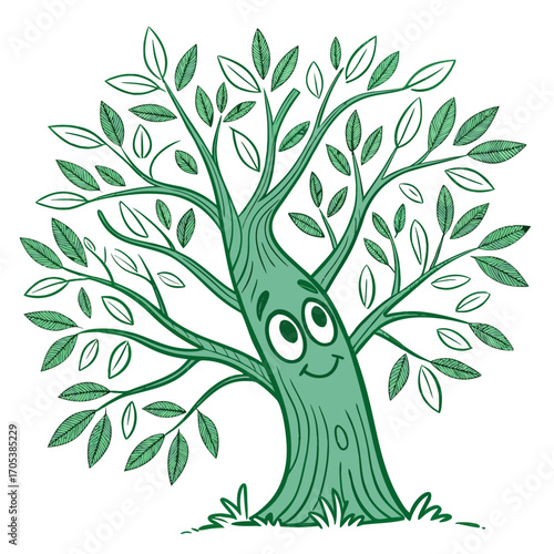 Vector art of happy cartoon tree with green leaves and a smiling face