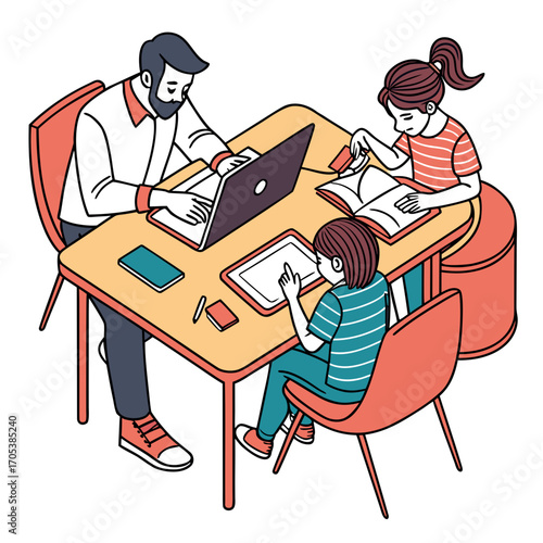 Vector art of isometric illustration of a family working and studying together at a table