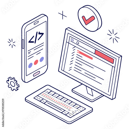 Vector art of isometric illustration of software development, showcasing coding, programming, and app creation