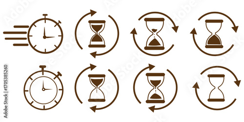 Stopwatch vector icons, hourglass symbols, timer design, countdown graphics, speed concept, time passing, clock silhouette, urgency sign, deadline icon, fast