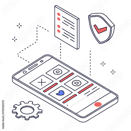 Vector art of isometric illustration of mobile app development, showcasing features, design and functionality