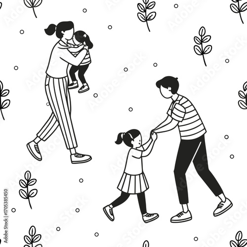 Vector art of playful family seamless pattern, depicting parents and children in a heartwarming and simple line art style