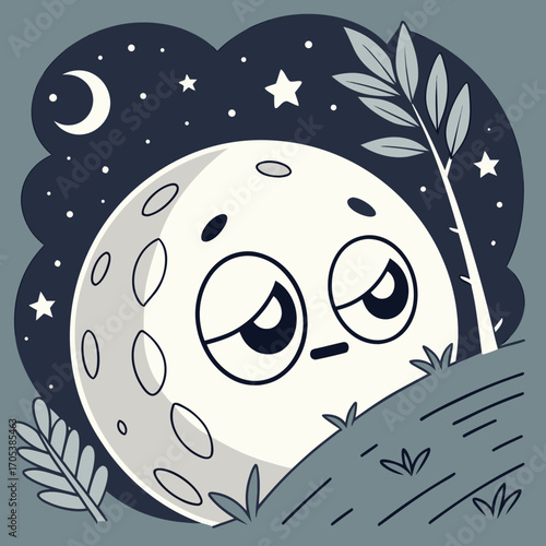 Vector art of sad moon cartoon character hiding behind a hill with stars and a moon in the night sky