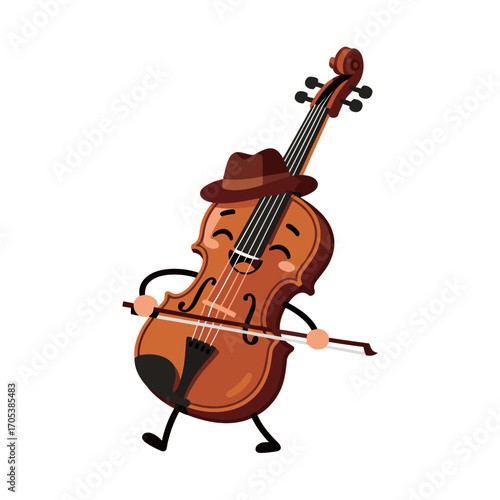 Cute violin cartoon character with a happy face playing music.