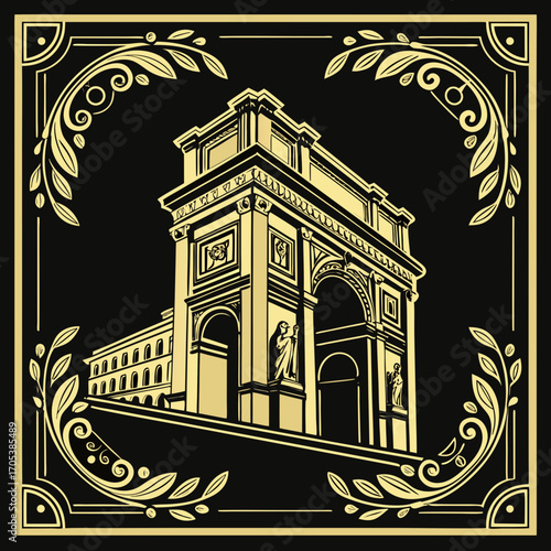 Vector art of ornate art deco illustration of a triumphal arch framed by laurel wreaths, creating a timeless and sophisticated design with a vintage flair