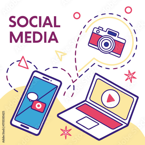 Vector art of social media concept with camera, phone and laptop, perfect for marketing and advertising