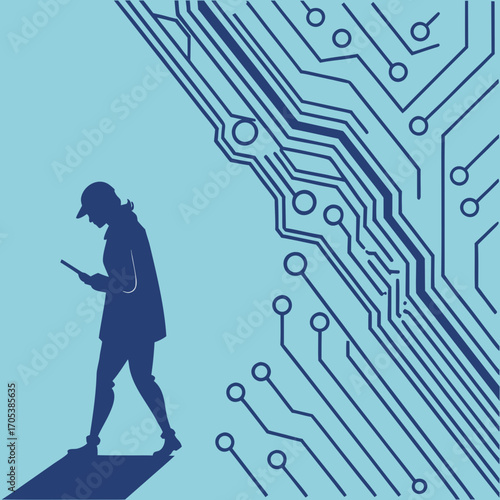 Vector art of silhouette of a woman using a mobile phone against a backdrop of circuit board patterns for technology and communication