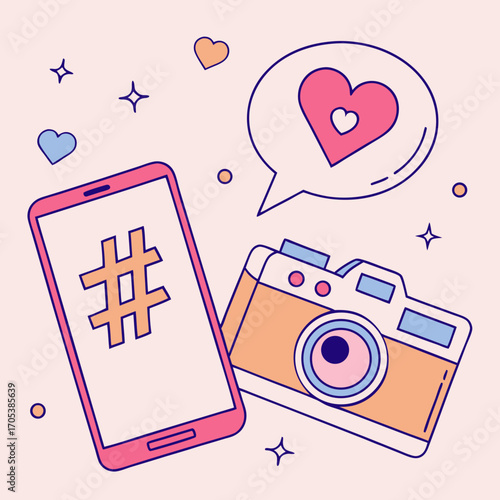 Vector art of social media love with a camera and phone, a vibrant illustration for online engagement