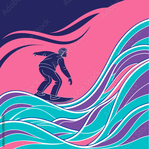 Vector art of stylish surfer riding a wave with colorful background, perfect for summer vacation and extreme sports themes