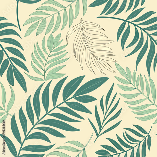 Vector art of seamless pattern of tropical leaves on a light background vector illustration of exotic plants botanical wallpaper