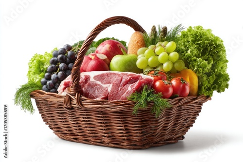 Wicker basket overflowing with fresh produce and meat