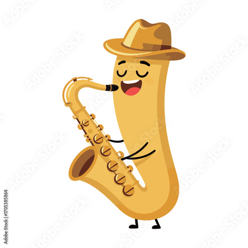 Cute saxophone cartoon character with a happy face playing music.