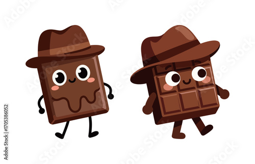Cute cartoon chocolate bars with funny faces and hats. Smiling walking candy characters. Sweet dessert food mascot.