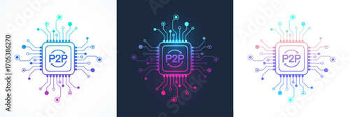 P2P exchange concept icon, sign, logo in the circuit line style. P2P lending processor vector icon flat design. Peer-To-Peer transfering cryptocurrency money on phone app, banking card