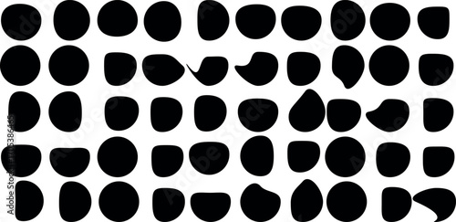 Blob shape organic set. Random black cube drops simple shapes. Pebble, inkblot, drops and stone silhouettes. Collection of paint liquid black blotch spot irregular form 