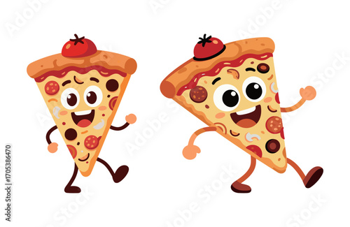 Two cute cartoon pizza slices with happy faces and a tomato on top. Funny smiling food characters walking.