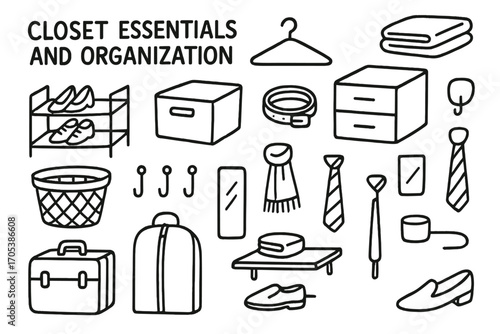 Closet Organization Essentials. Hand-drawn doodle illustration Closet essentials and organization hanger, folded clothes, shoe