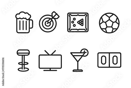 Sports Bar Icons. Outline icon set of sports bar: beer mug, dartboard, pool table, football, bar stool, TV screen, cocktail glass,