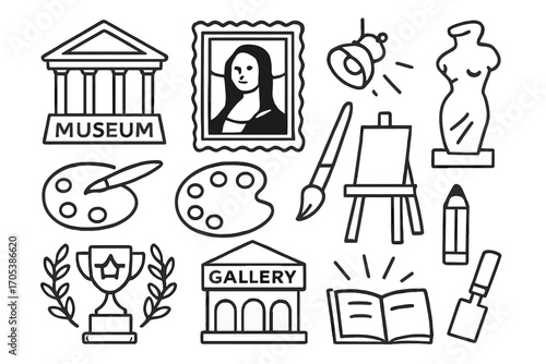 Art Masterpiece Icons. Hand-drawn doodle illustration famous masterpiece museum, frame, spotlight, paintbrush, palette, easel,