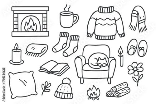 Cozy Winter Essentials. Hand-drawn doodle illustration warm softness fireplace, hot cocoa, knitted sweater, warm socks, blanket,