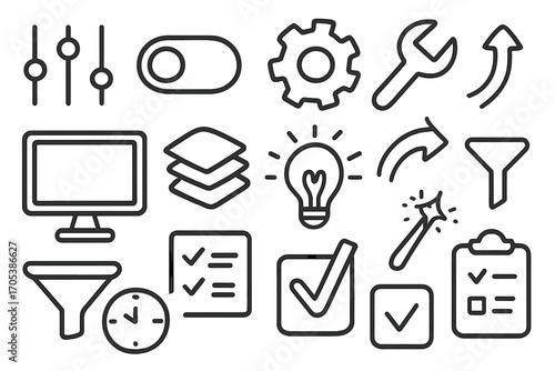 Tech Doodle Icons. Hand-drawn doodle illustration control preset sliders, toggle switch, gear, wrench, computer screen, layers