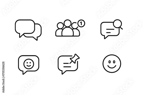 Group Chat Icons. Outline icon set of group chat: multiple speech bubbles, group avatar, notification badge, reply threads,