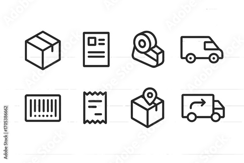 Package Dispatch Icons. Outline icon set of package dispatch: parcel box, shipping label, tape dispenser, delivery van, barcode,