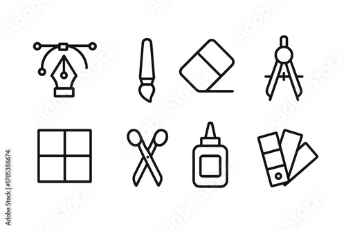 Design Tools Icons. Outline icon set of design tools: vector pen, paintbrush, eraser, compass, grid layout, scissors, glue bottle,
