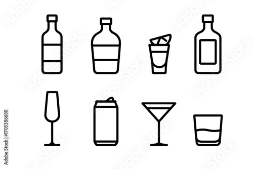 Alcohol Icon Set. Outline icon set of alcohol types: vodka bottle, rum bottle, tequila shot, gin bottle, champagne flute, cider