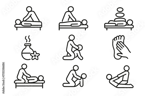 Massage Icon Set. Outline icon set of massage types: Swedish massage, deep tissue, hot stone, aromatherapy, shiatsu, reflexology,