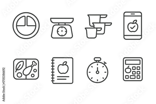 Serving Size Icons. Outline icon set of serving size control methods: portion plate, food scale, measuring cups, calorie tracker,