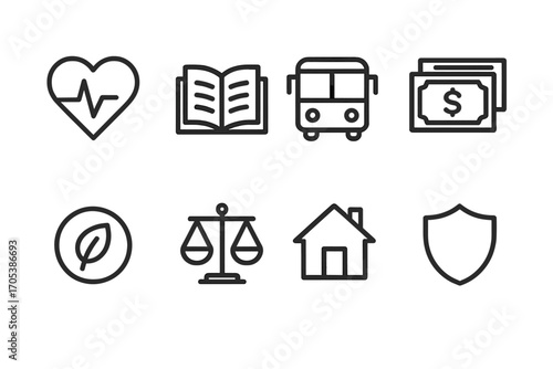 Government Department Icons. Outline icon set of government departments: health, education, transportation, finance, environment,