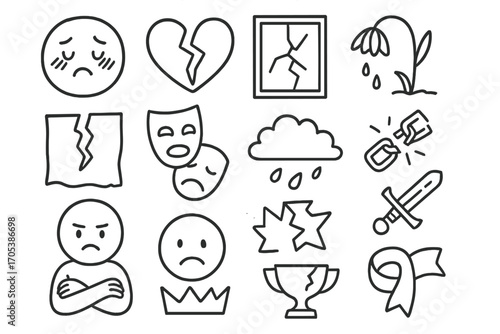Symbols of Disgrace. Hand-drawn doodle illustration humiliation and disgrace blushing face, broken heart, cracked mirror, wilted