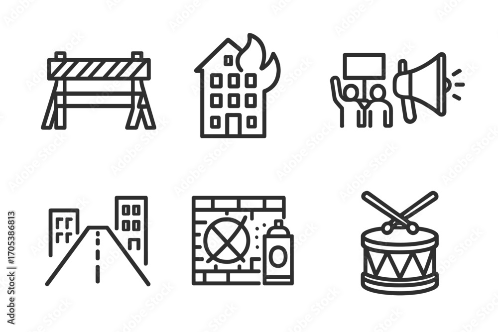 Obraz premium Rebellion Icons Set. Outline icon set of rebellion environments: barricade, burning building, protest crowd, megaphone, street,