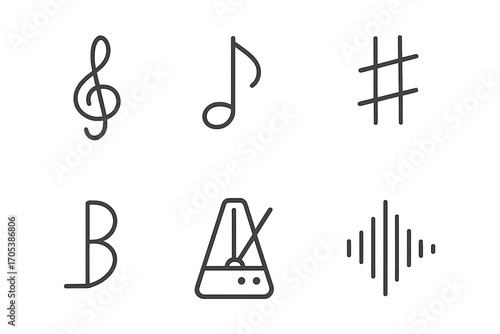 Trumpet Music Icon Set. Outline icon set of trumpet music symbols: treble clef, music note, rest symbol, sharp, flat, natural,