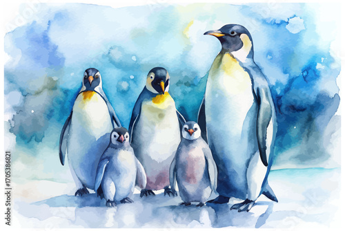 Watercolor penguin family in icy  background