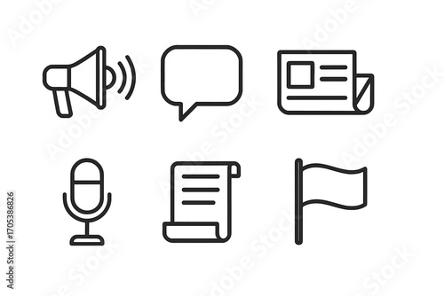 Decree Icon Set. Outline icon set of decree communication: megaphone, speech bubble, newspaper, envelope, microphone, scroll, flag