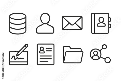 Data Management Icons. Outline icon set of sender data management: database, user profile, envelope, address book, signature pad,