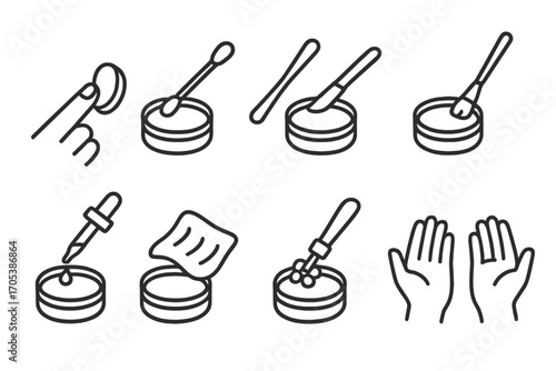 Balm Applicator Icons. Outline icon set of balm tin application tools: finger swipe, cotton swab, small spatula, brush applicator,
