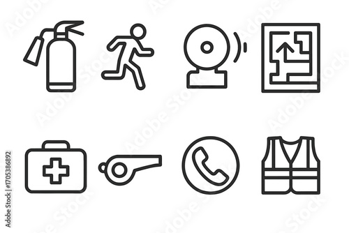 Emergency Protocol Icons. Outline icon set of emergency protocols: fire extinguisher, emergency exit, alarm bell, evacuation plan,