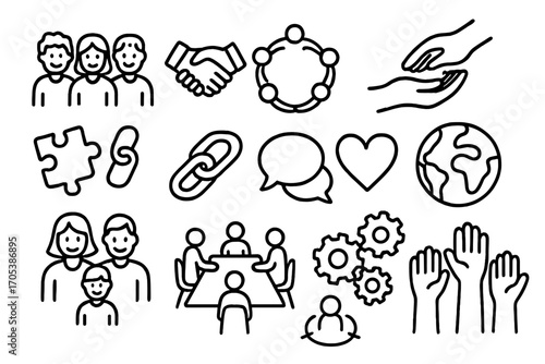 Unity and Cooperation Icons. Hand-drawn doodle illustration social unity and cooperation group of people, handshake, community