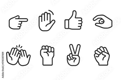 Hand Movements Icon Set. Outline icon set of hand and finger movements: pointing finger, waving hand, thumbs up, pinch gesture,