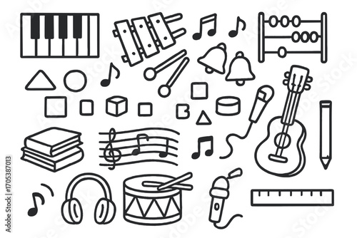 Educational Musical Toys Doodle. Hand-drawn doodle illustration Educational musical toys piano keys, xylophone, music notes, bells