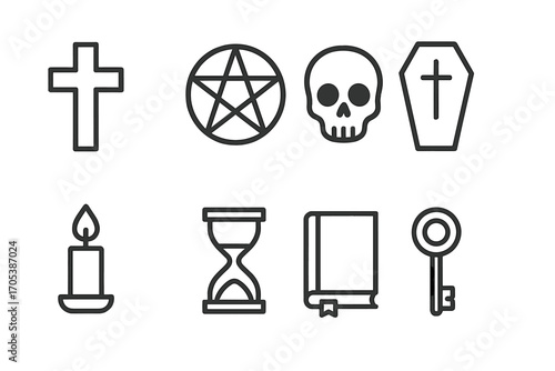 Crypt Symbol Icons. Outline icon set of crypt symbols: cross, pentagram, skull, coffin, candle, hourglass, book, key. Line icons