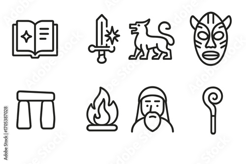 Mythic Icons Collection. Outline icon set of mythic heritage: folklore book, enchanted sword, mystical beast, tribal mask, ancient