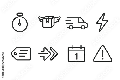Express Delivery Icons. Outline icon set of express drop-off: stopwatch, urgent parcel, delivery van, lightning bolt, priority
