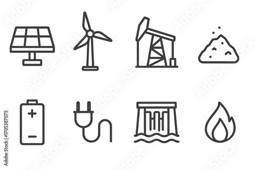 Energy Resource Icons. Outline icon set of energy resources: solar panel, wind turbine, oil rig, coal pile, battery, electric plug